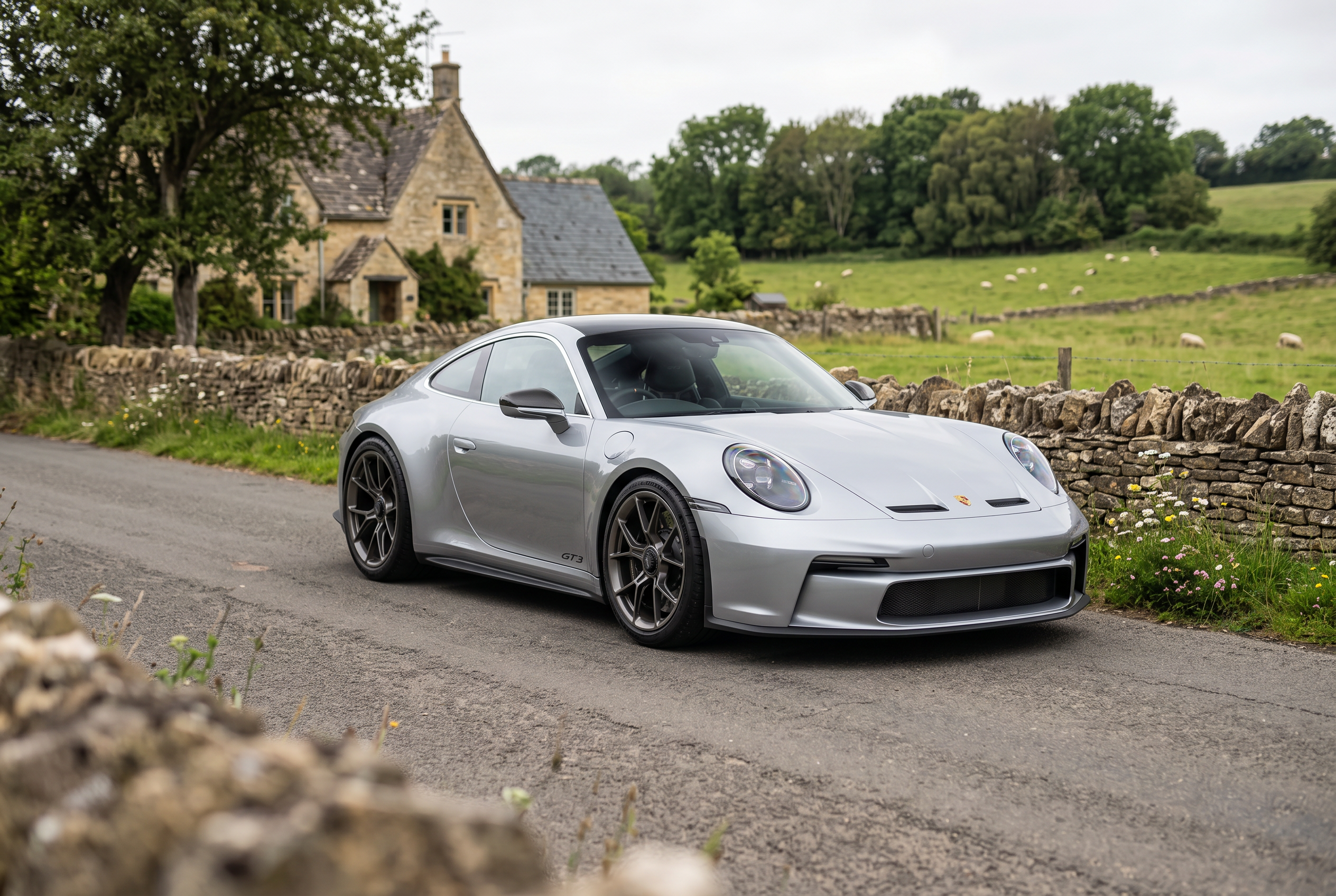 A silver Porsche 911 GT3 photographed on a quiet country road