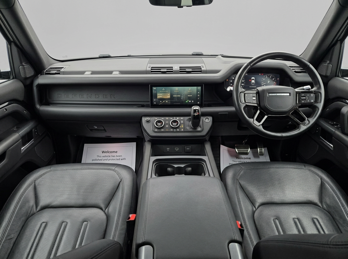 Land Rover Defender 110 — 3.0 P400 MHEV X Auto 4WD Euro 6 (s/s) 5dr — Eiger Grey metallic with full Ebony Windsor leather, high specification with factory upgrades, full JLR service history and extended JLR warranty