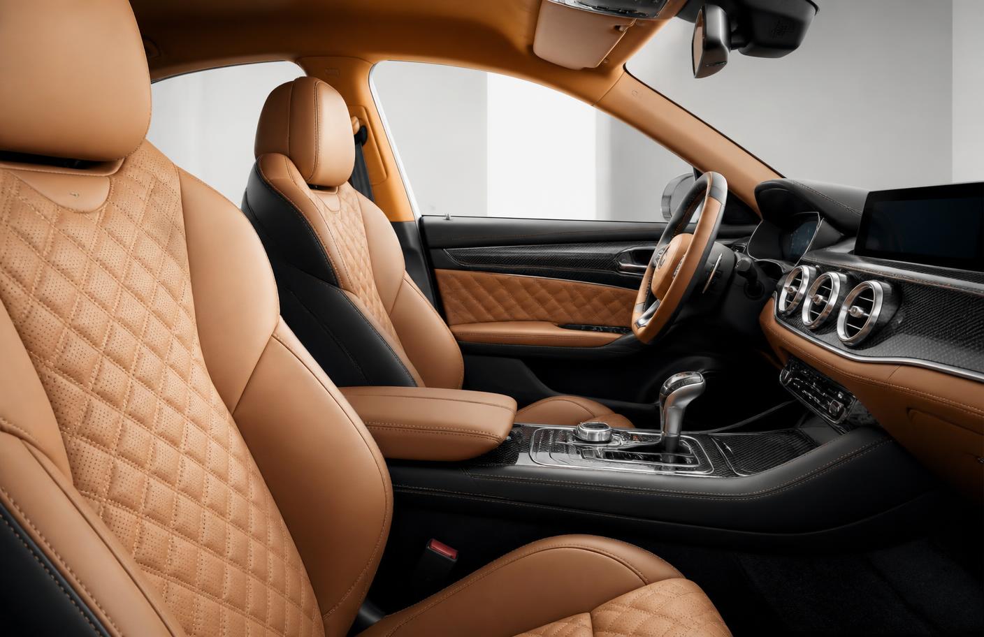 Quilted tan leather and carbon fibre interior detail